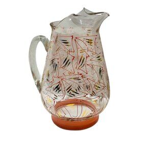 Mid-Century Modern Handpainted Glass Pitcher With Abstract Design & Red Base